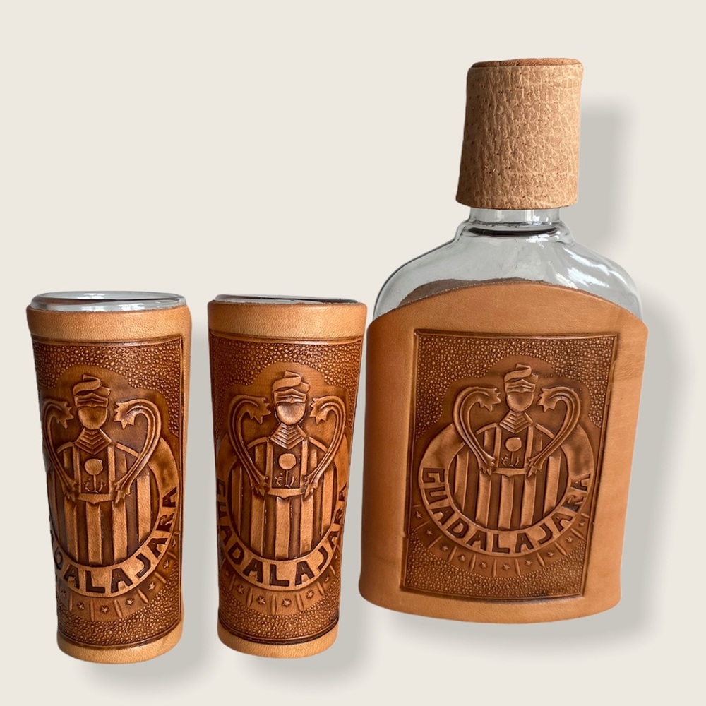 Mexico Guadalajara Hand Tooled Leather Bottle Set